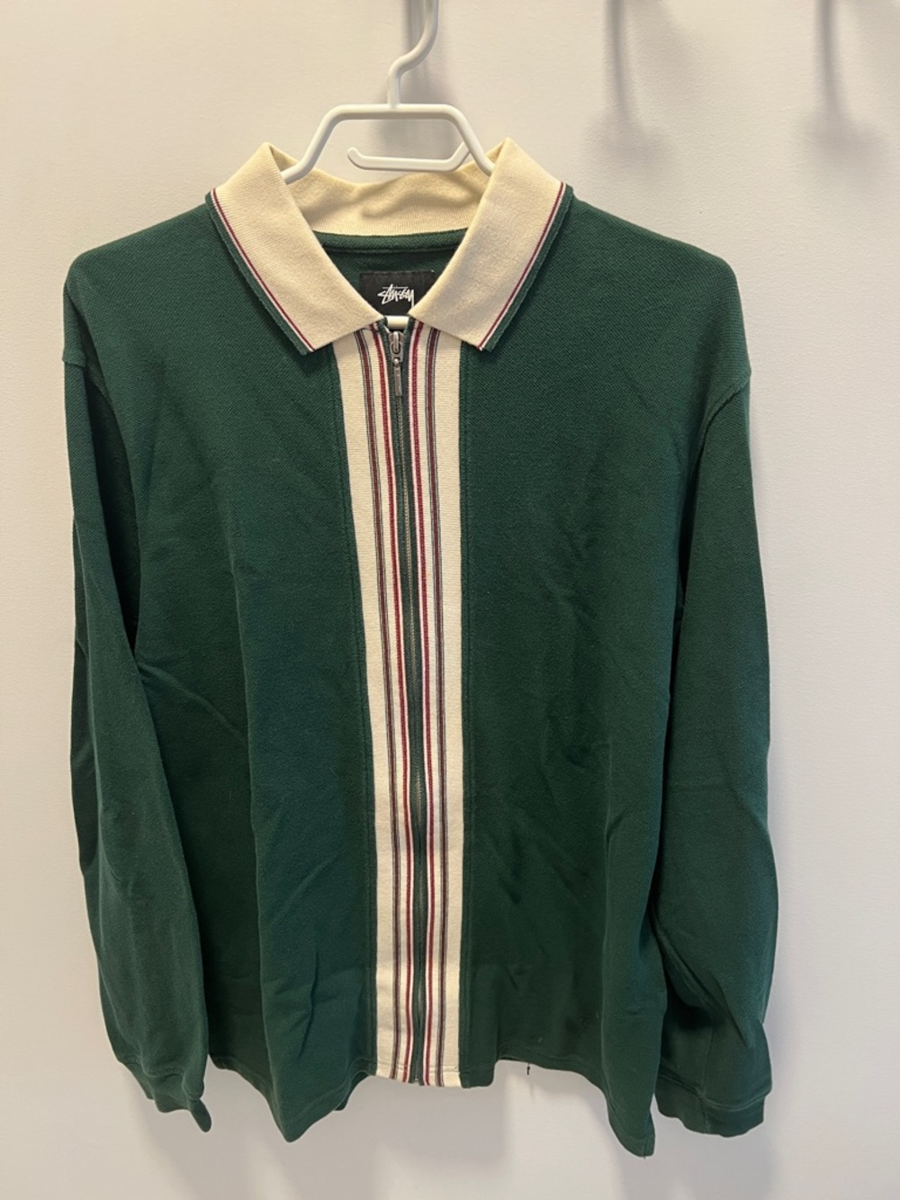 Stussy Men's Forest Green Zip Polo Sweater with Cream Stripe